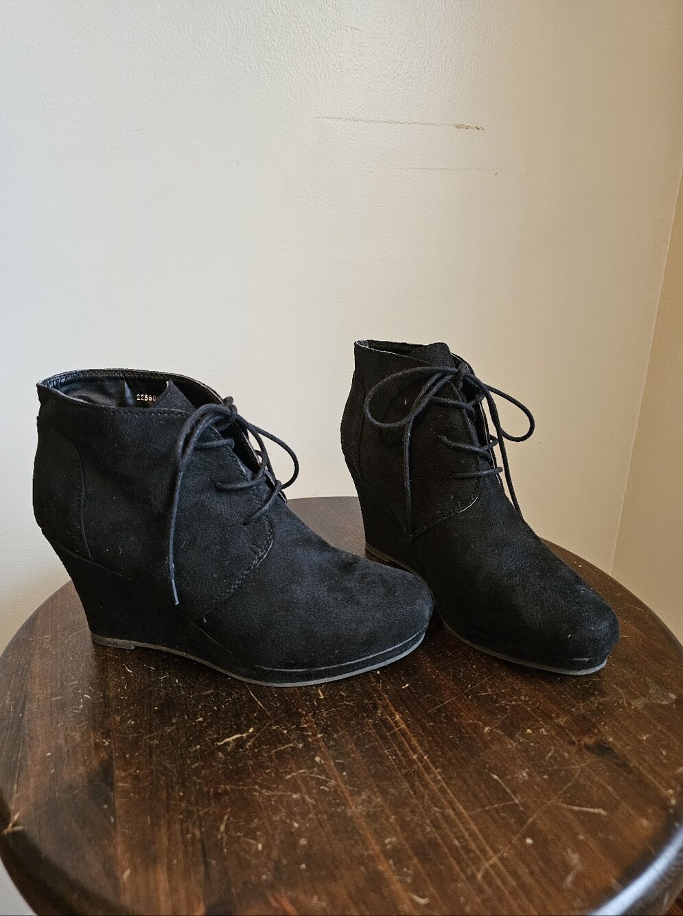 Lace-Up Black Suede Wedge Ankle Booties - Women